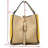 Studded Two-Tone Bucket Bag with Top Handle and Decorative Strap