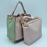 Studded Two-Tone Bucket Bag with Top Handle and Decorative Strap