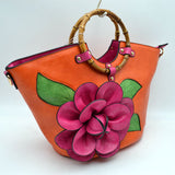 Floral Applique Tote Bag with Segmented Round Top Handles