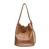 Elegant Woven Shoulder Strap Bucket Bag for Female - Versatile Texture Soft PU Retro Casual Tote