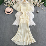Vintage Hollow-Out Knit Dress – Women's Summer Elegant Tie-Waist A-Line Midi, Fishtail Slim-Fit Gown