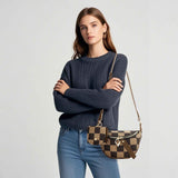 Checkerboard Canvas Crossbody Bag - 2-in-1 Compact Chest Bag & Fanny Pack with Earphone Storage