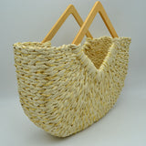 Woven Basket Tote Bag with Metallic Thread and Triangle Handles