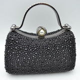 Rhinestone Encrusted Evening Clutch Bag with Pearl Clasp and Metal Handle