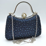 Rhinestone Encrusted Evening Clutch Bag with Pearl Clasp and Metal Handle