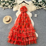 Vacation Halter Sleeveless Printed Dress – Tiered Mesh Cake Skirt, Flowy Summer Maxi