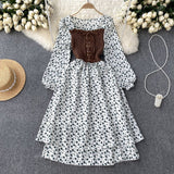 Trendy Dress with Tie Belt – French Contrast Floral Print, Two-Piece Illusion Design, Sweet Long Sleeve Frock