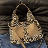 Ladies leopard print large capacity tote bag, vintage hobo bag casual, shoulder bag with crossbody strap, bag shoulder bag women