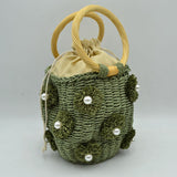 Floral Pearl Accented Straw Bucket Bag with Drawstring Liner