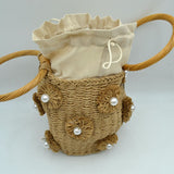 Floral Pearl Accented Straw Bucket Bag with Drawstring Liner