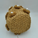Floral Pearl Accented Straw Bucket Bag with Drawstring Liner