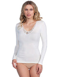 MaRe Cotton Wool Blend Women Long-Sleeved T-Shirt with Macramé Lace. Proudly Made in Italy.