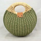 Round Woven Straw Handbag with Rattan Cutout Handle