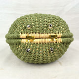 Round Woven Straw Handbag with Rattan Cutout Handle