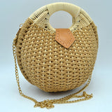 Round Woven Straw Handbag with Rattan Cutout Handle