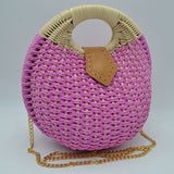 Round Woven Straw Handbag with Rattan Cutout Handle