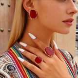Vintage Irregular Square Red Black Glazed Ring & Earrings Set Women Jewelry