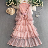 Lace Floral Mandarin Collar Long Sleeve Dress – Women's Early Fall Socialite Tie-Waist Slim-Fit Midi
