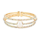 Pearl Accented Split Rhinestone Evening Cuff Bracelet