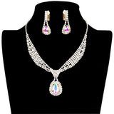 Rhinestone Pave Teardrop Collar Necklace & Clip Earring Set