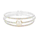 Pearl Accented Split Rhinestone Evening Cuff Bracelet