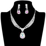 Rhinestone Pave Teardrop Collar Necklace & Clip Earring Set