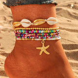 6PCS - Starfish Charm Accented Conch Shell Seed Beaded Multi Layered Anklets