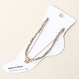 CZ Stone Bezel Accent Paperclip Chain Faceted Beaded Layered Anklet