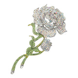 Bold Elegant Rhinestone Rose Stem Pin Brooch