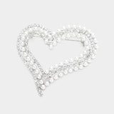 Pearl Rhinestone Embellished Open Heart Pin Brooch