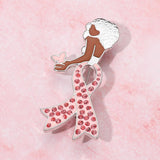 Stone Paved Pink Ribbon Enamel Afro Woman Pin Brooch