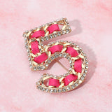 Rhinestone Rim Faux Leather Threaded Number Five Pin Brooch