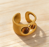 Stainless Steel Openwork Pearl & Tiger Eye Ring