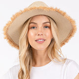 Frayed Band and Trip Straw Sun Hat