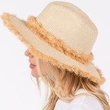 Frayed Band and Trip Straw Sun Hat