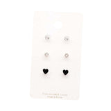 3Pairs - CZ Heart Round Stud Earrings Set