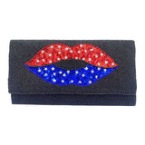American USA Flag Lips Seed Beaded Clutch Crossbody Bag