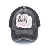 C.C DISTRESSED TOP KNOTS AND COFFEE PATCH PONYCAP