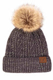 Soft Cuff Cable Knit Fur Pom C.C Beanie