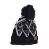 Diamond Geometric Pattern Faux Fur Pom C.C Beanie