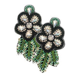 Felt Back Sequin Stone Seed Beaded Flower Leaf Earrings