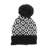 Fuzzy Lined Diamond Patterned Faux Fur Pom C.C Beanie