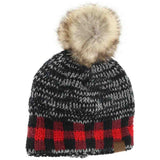 Buffalo Check Mixed Print Fur Pom C.C Beanie