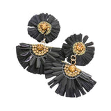 Stone Embellished Floral Raffia Link Dangle Earrings