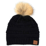 C.C Solid Ribbed Knit Beanie with Pom