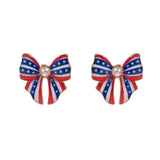 Patriotic Pearl Pointed Enamel American USA Flag Bow Stud Earrings