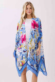 Abstract Floral Print and Solid Color Edge Silky Feel Kimono