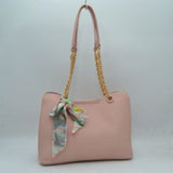 Elegant Textured Tote Bag with Chain Accent and Printed Scarf