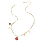 Quatrefoil Bow Heart Pearl Charm Station Paperclip Chain Necklace