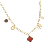 Quatrefoil Bow Heart Pearl Charm Station Paperclip Chain Necklace